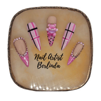 Press-on Stiletto Nails in Pink adorned with Teddy Bear, Plaid print, and Pink Rhinestones