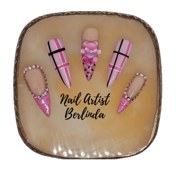 Press-on Stiletto Nails in Pink adorned with Teddy Bear, Plaid print, and Pink Rhinestones